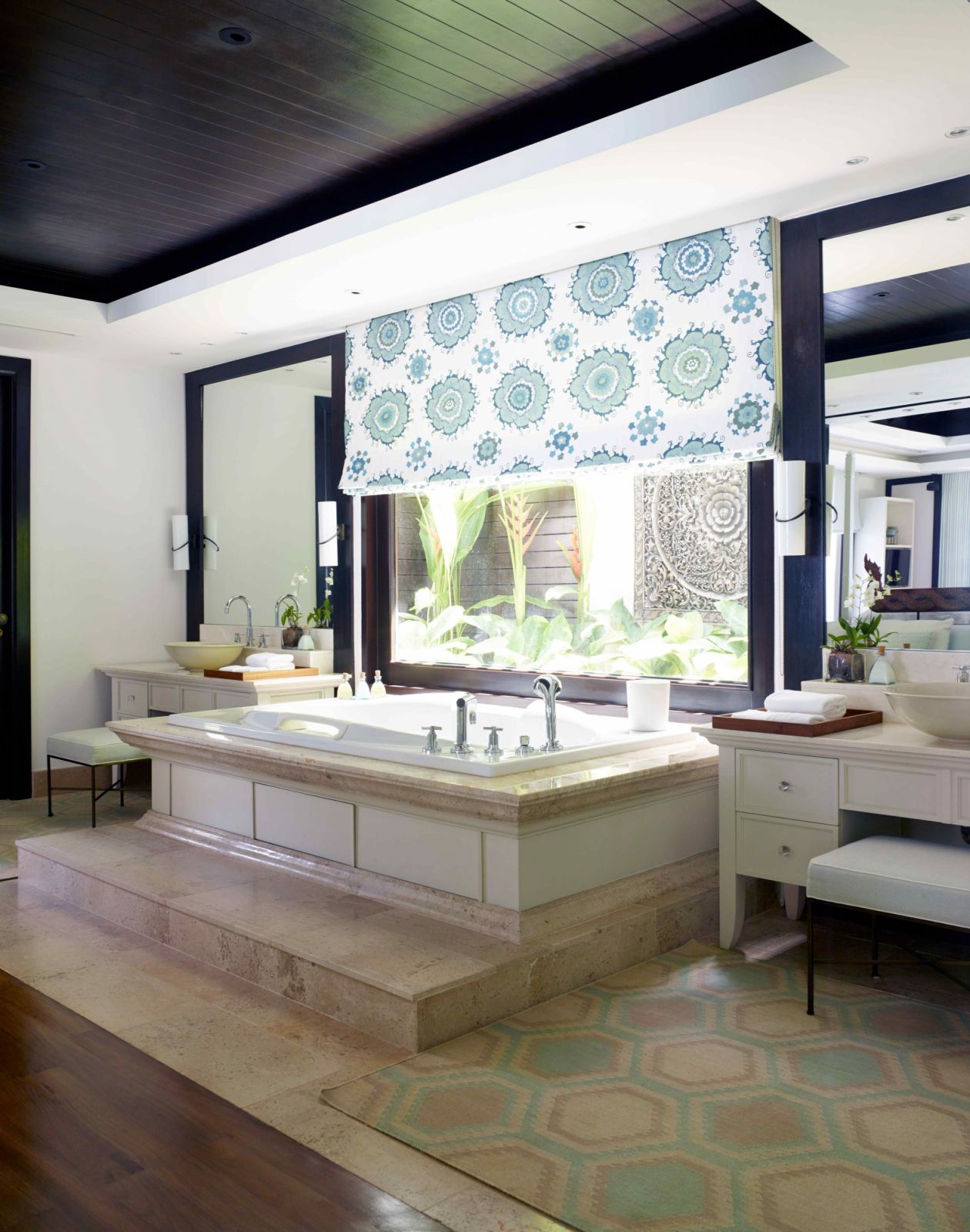 The main bathroom that looks out to the internal garden