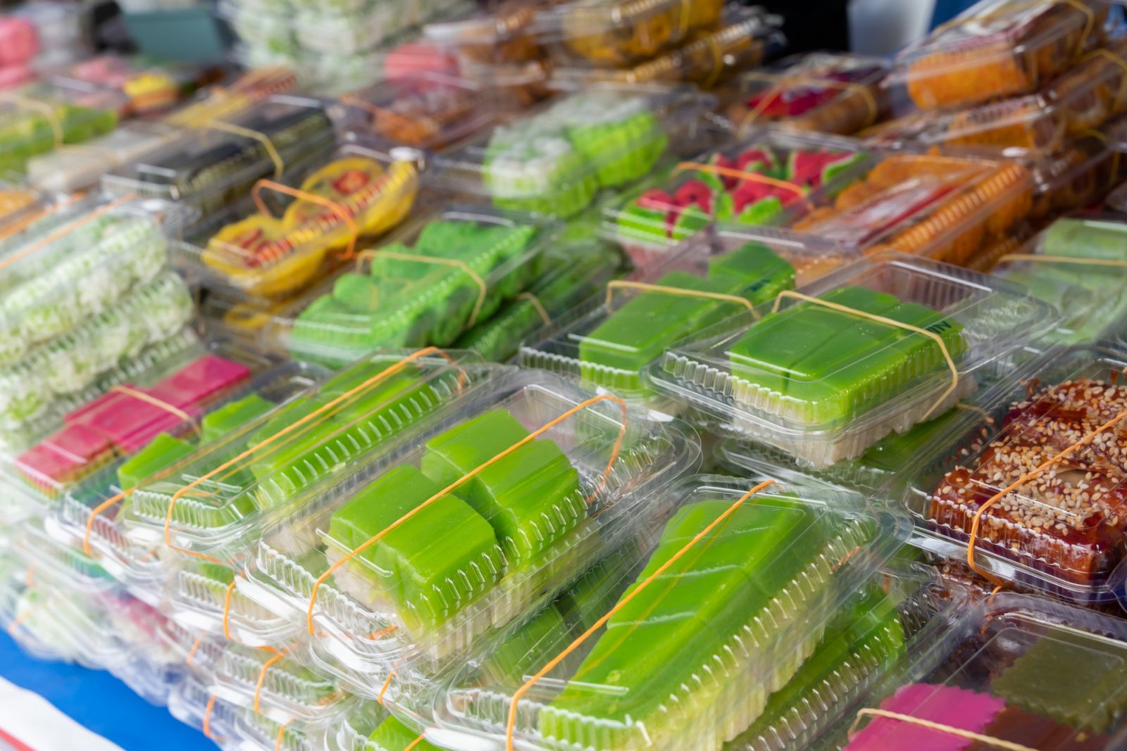 Close-up view of various types of foods and snacks selling at the Ramadan bazaar.