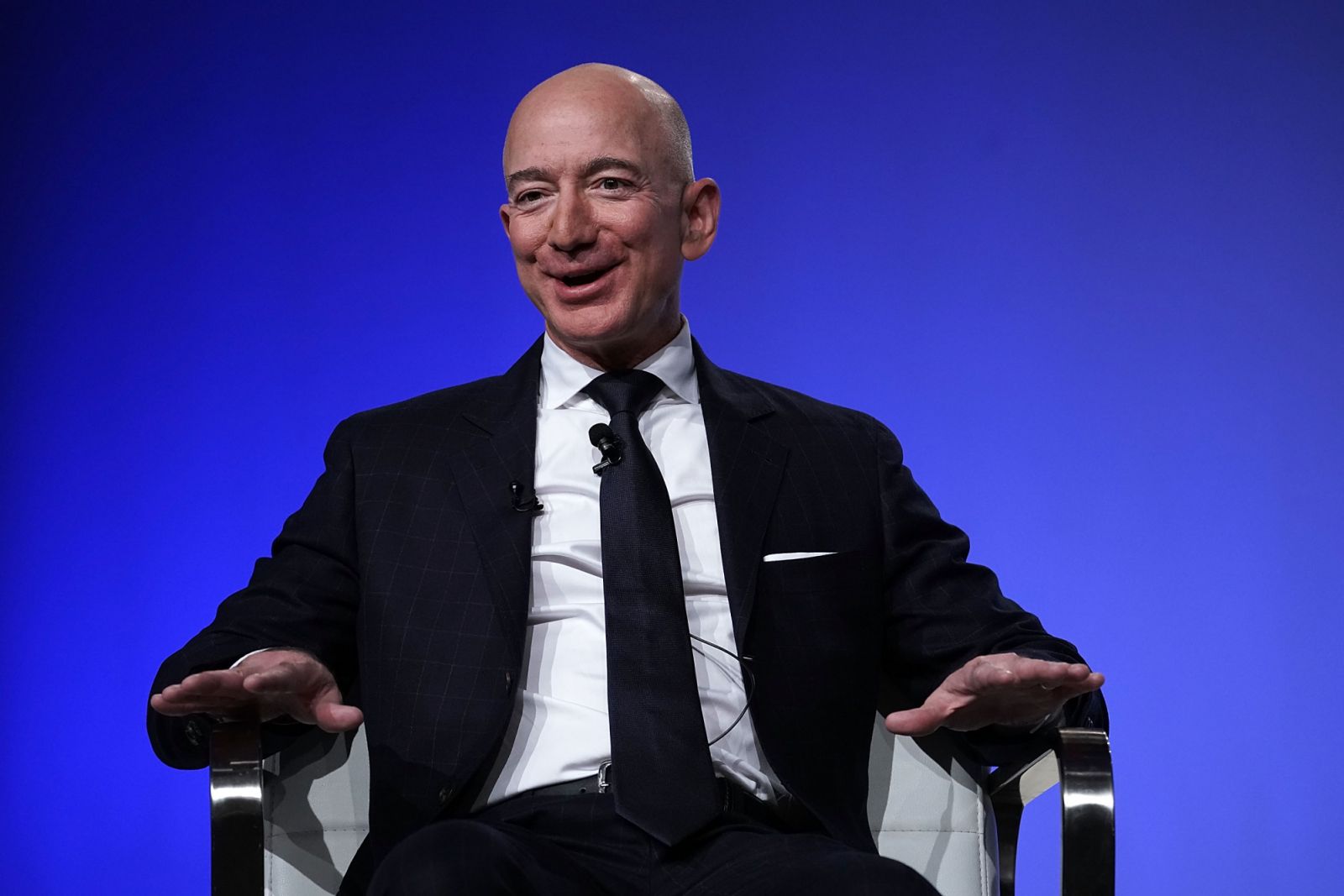 NATIONAL HARBOR, MD - SEPTEMBER 19: Amazon CEO Jeff Bezos, founder of space venture Blue Origin and owner of The Washington Post, participates in an event hosted by the Air Force Association September 19, 2018 in National Harbor, Maryland. Bezos talked about innovating in large organizations as well as staying on the cutting edge in the space industry. (Photo by Alex Wong/Getty Images)