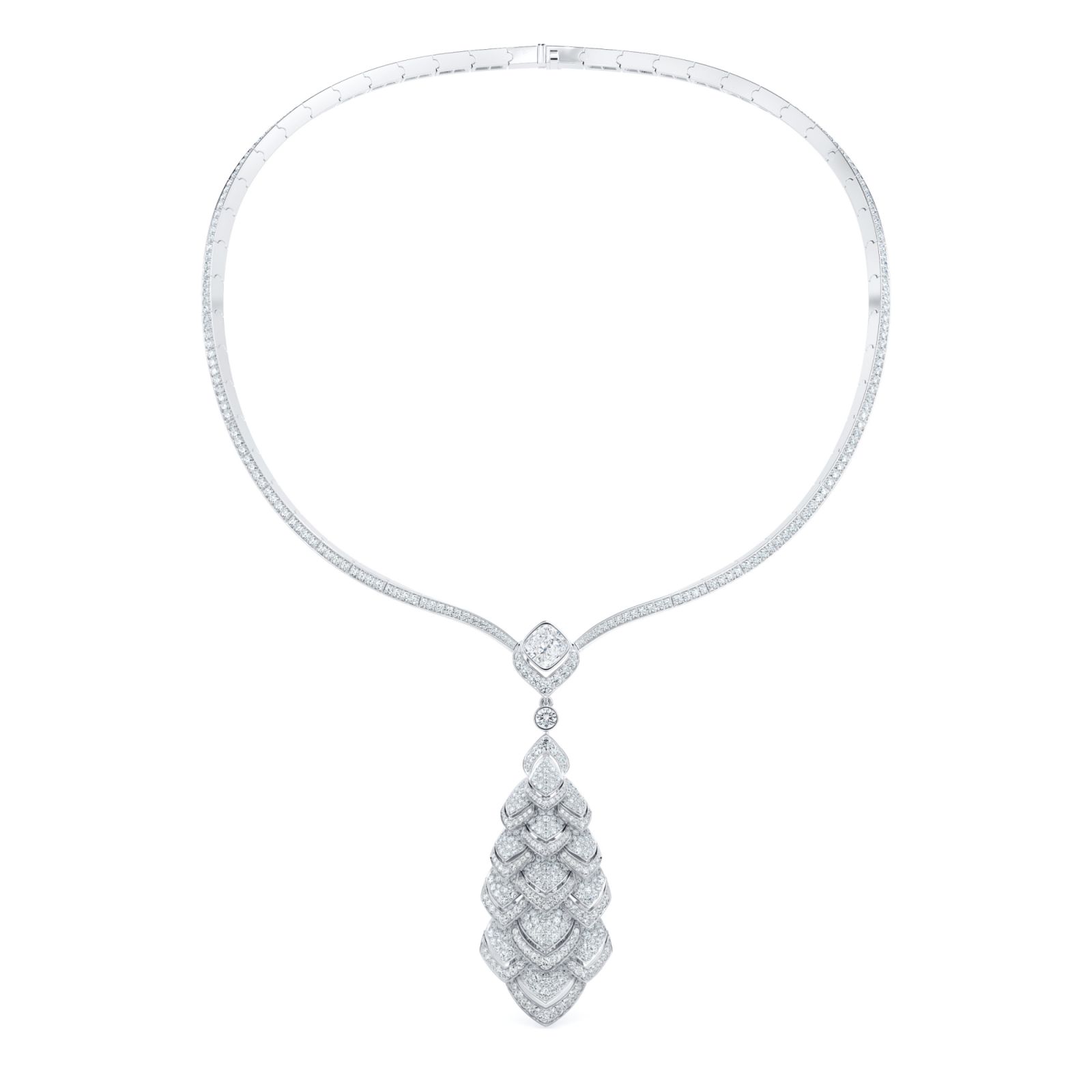 etamorphosis by De Beers 高級珠寶系列 Spring 18K白金鑽石吊墜項鍊 鑲嵌材質:18K白金 中央主鑽:1.65克拉枕形切割白鑽,以南非帝王花為靈感,勾勒出美麗的花瓣形狀,散發女性氣質(Photo: De Beers)