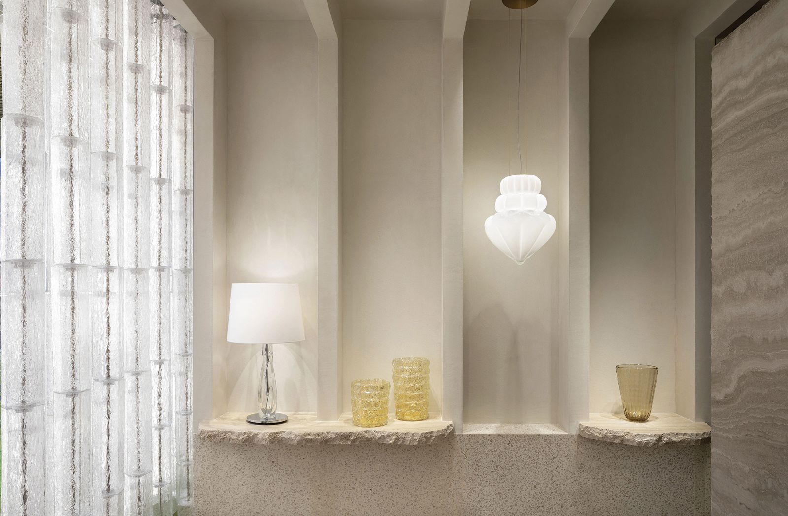Lights in various shapes and sizes, handcrafted from glass in Venice
