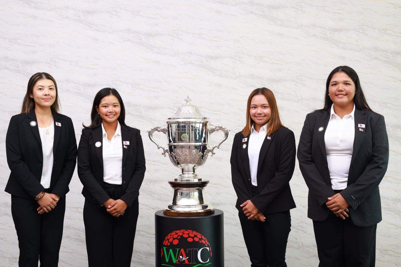 Myka Romulo With Philippine with team Players Junia Gabasa, Rianne Malixi, and Grace Quintanilla for the presentation of the Espirito Santo Trophy for the 2023 WATC