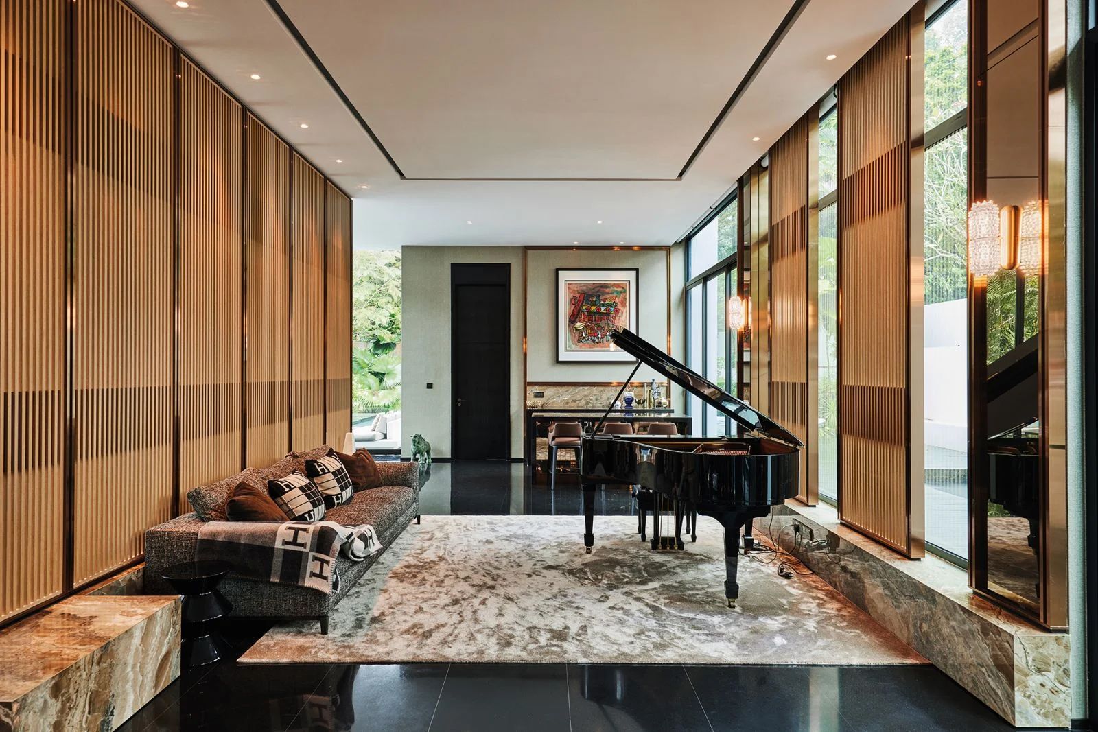 The piano lounge is a soothing composition with a koi pond as its backdrop