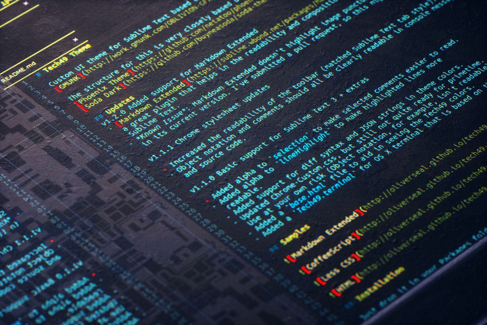 Digital generated image of html code over deep black background. Image is made by rendering 3d geometry HTML code on it.