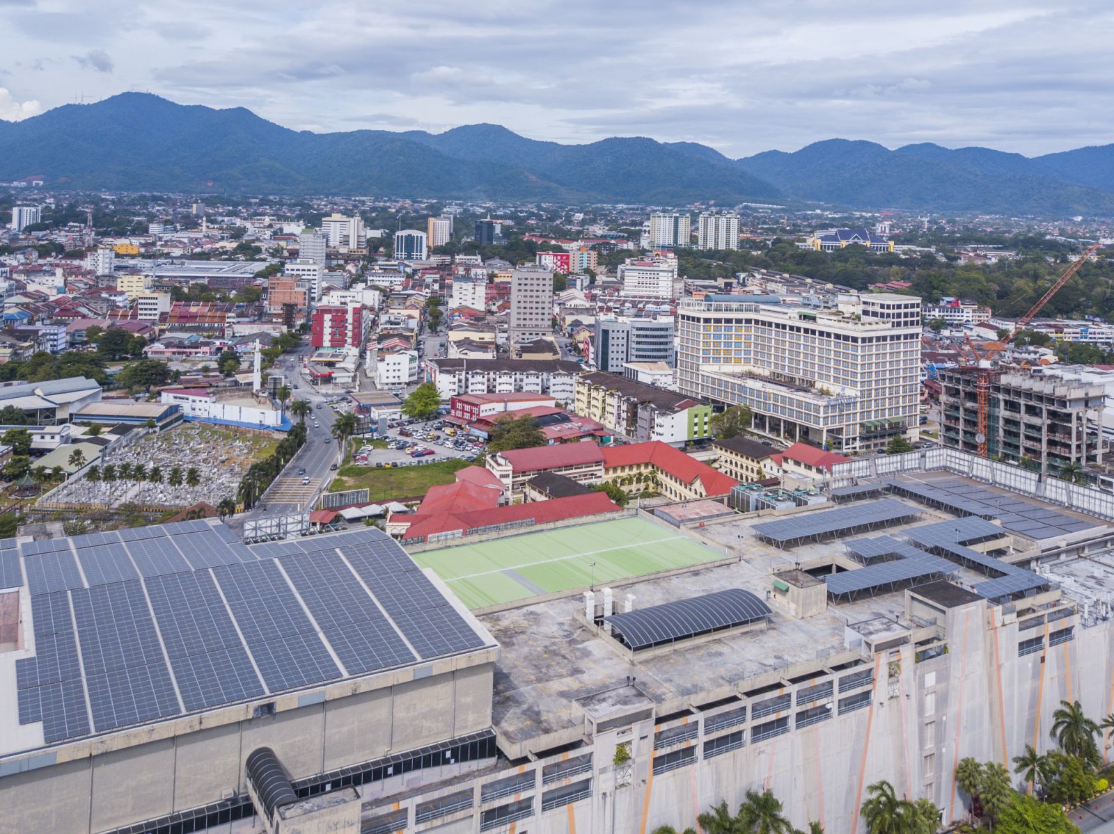 Solar panels on the roof of a city building