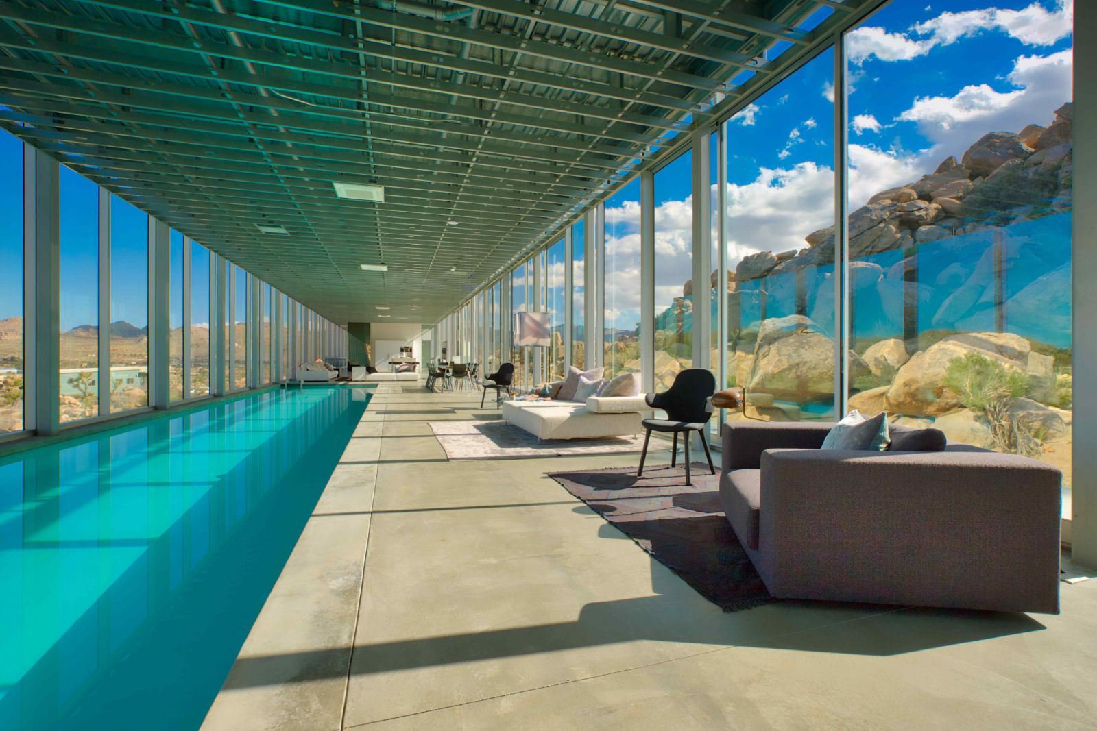 The open plan home runs on solar energy, including the 100-ft indoor pool
