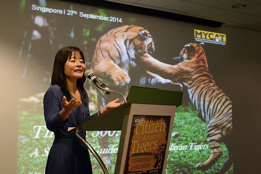 Dr Kae Kawanishi giving a keynote speech at ‘Save the Malayan Tiger’ fundraising dinner by Cicada Tree Eco-Place