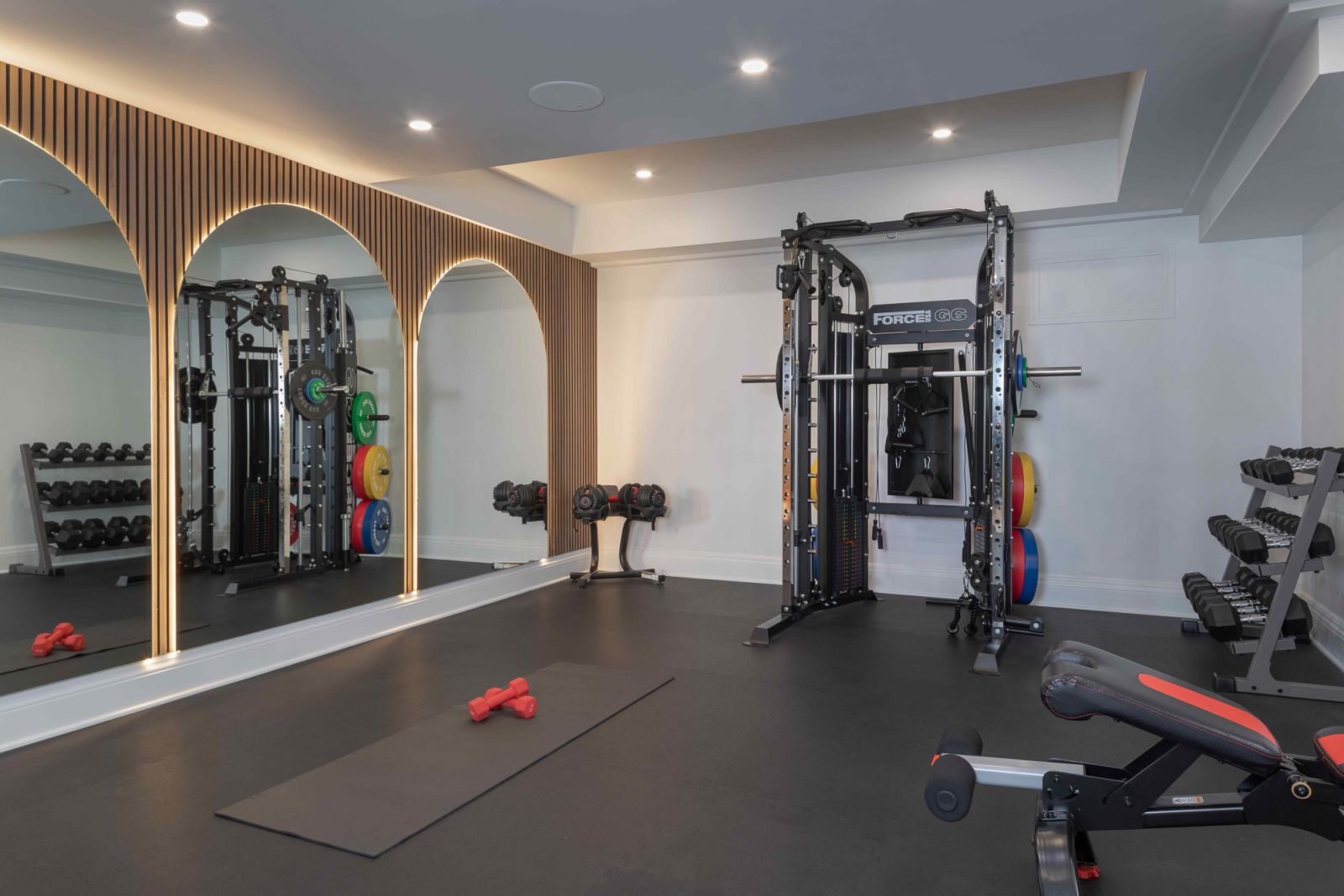 The spacious gym with workout amenities