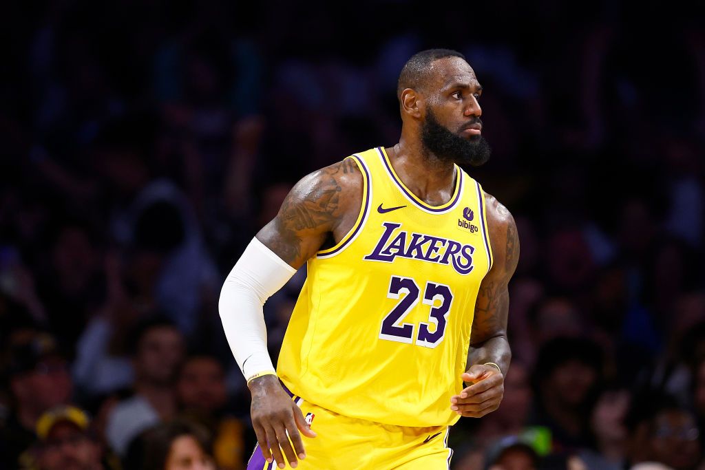 LOS ANGELES, CALIFORNIA - APRIL 09: LeBron James #23 of the Los Angeles Lakers at Crypto.com Arena on April 09, 2024 in Los Angeles, California. NOTE TO USER: User expressly acknowledges and agrees that, by downloading and/or using this photograph, user is consenting to the terms and conditions of the Getty Images License Agreement. (Photo by Ronald Martinez/Getty Images)