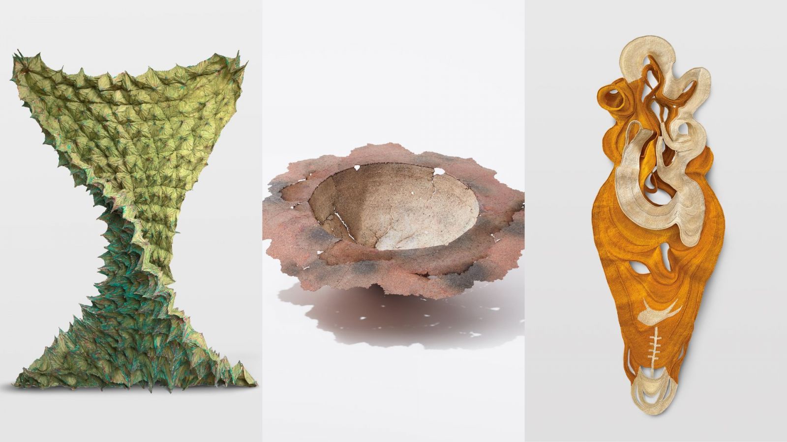 Artworks by finalists of the Loewe Craft Prize; (From left) 'Cristalización Orgánica Esmeralda' by Luis Santos Montes, 'Celestial Shaped Vessel' by Kazuhiro Toyama, 'Origins' by Ferne Jacobs