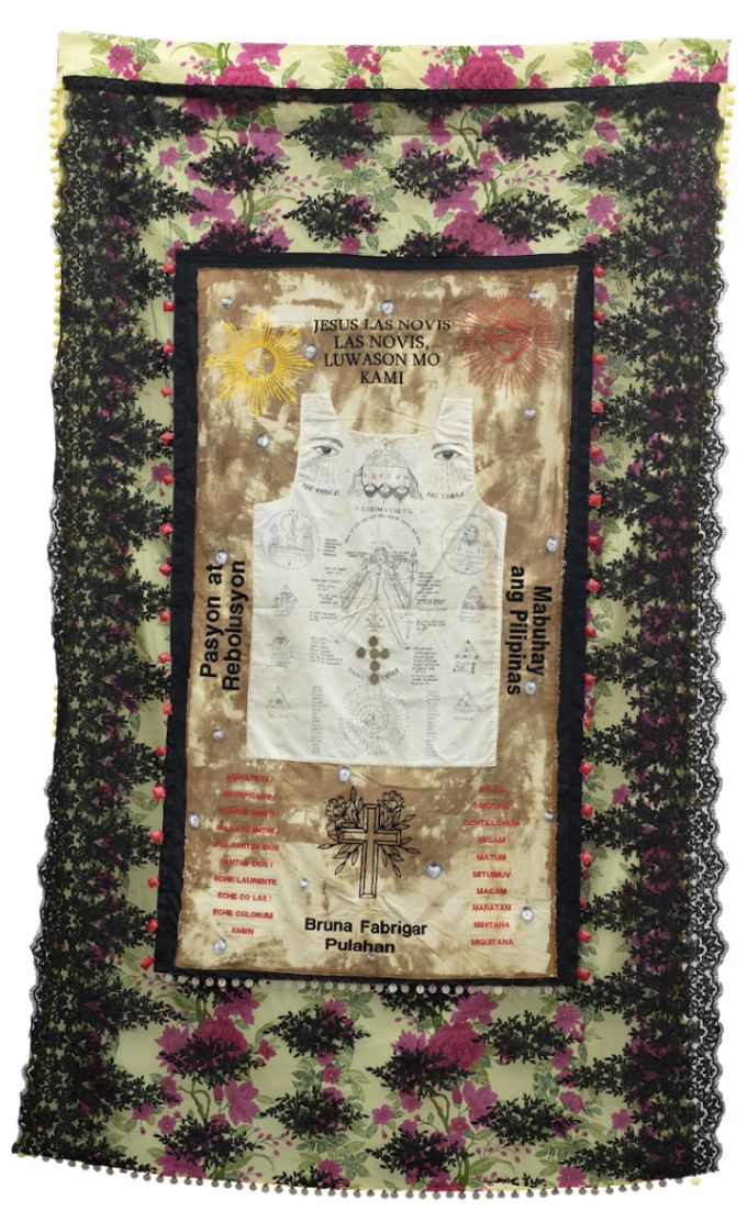 Norberto Roldan, Pasión y Revolución 04, 2024, fabric assemblage with 19th century amulet vest, hand dyed fabrics, amulets, and Philippine demonetized centavo coins