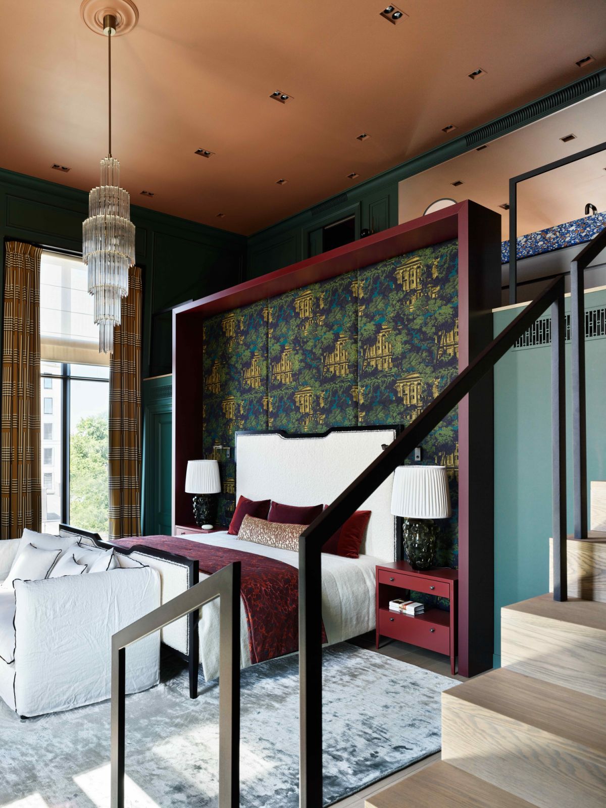 The staircase here leads to the main bath and wardrobe on the mezzanine floor