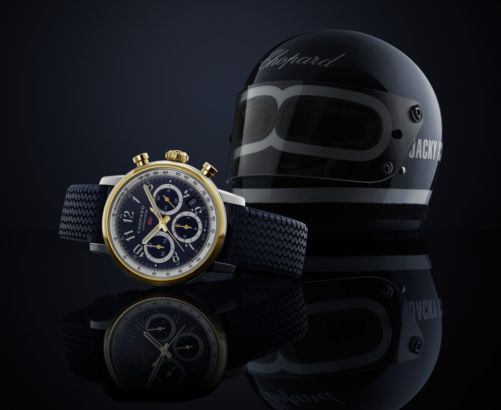 The new Mille Miglia Classic Chronograph JX7 with Jacky Ickx’s signature helmet (Photo: courtesy of Chopard)