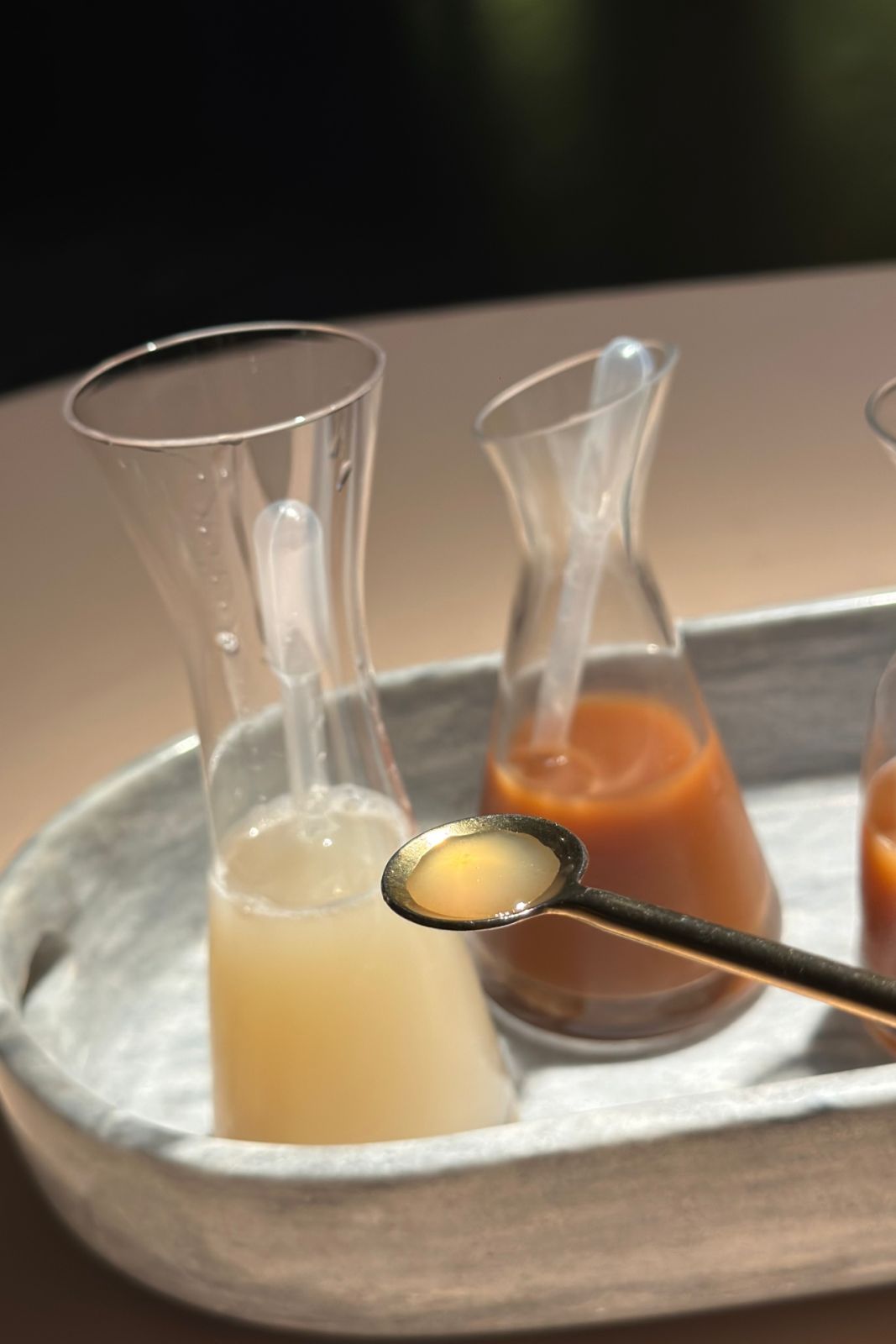 The cacao fruit, juice, syrup and vinegar from The Unknown Faces of Cacao menu by Gallery by Chele