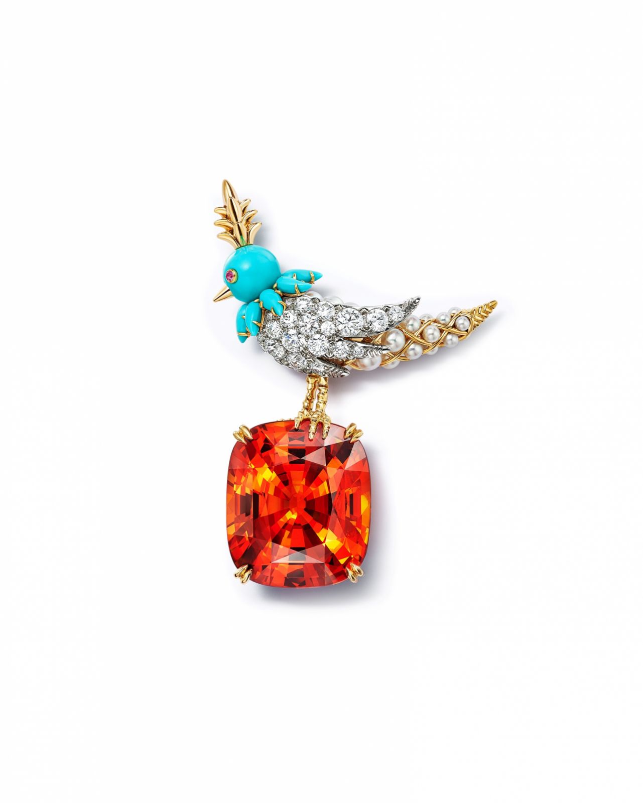 「彩虹石上鳥」系列錳鋁榴石胸針。(Photo: Tiffany & Co.)