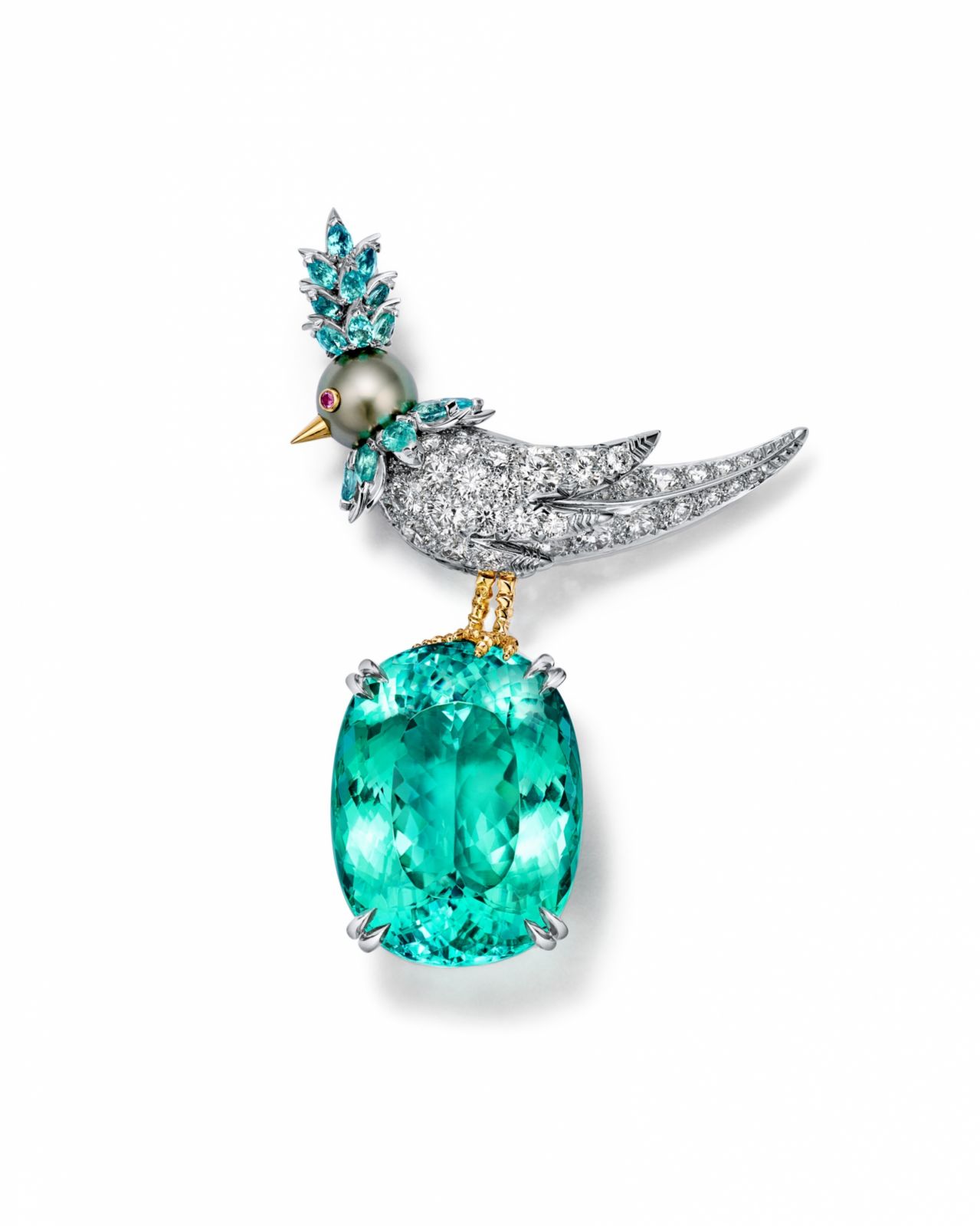 Schlumberger by Tiffany & Co.全球獨家呈獻石上鳥胸針 - 鑲嵌主石總重逾44克拉銅鋰碧璽。(Photo: Tiffany & Co.)