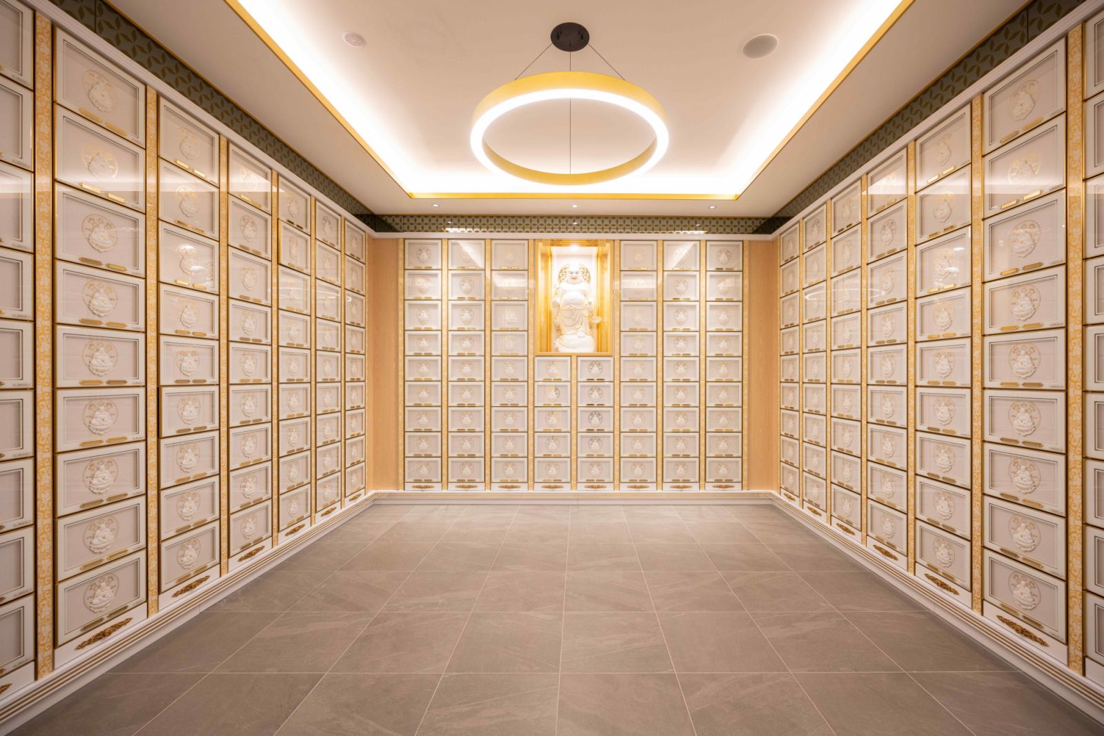 The brightly lit columbarium upstairs