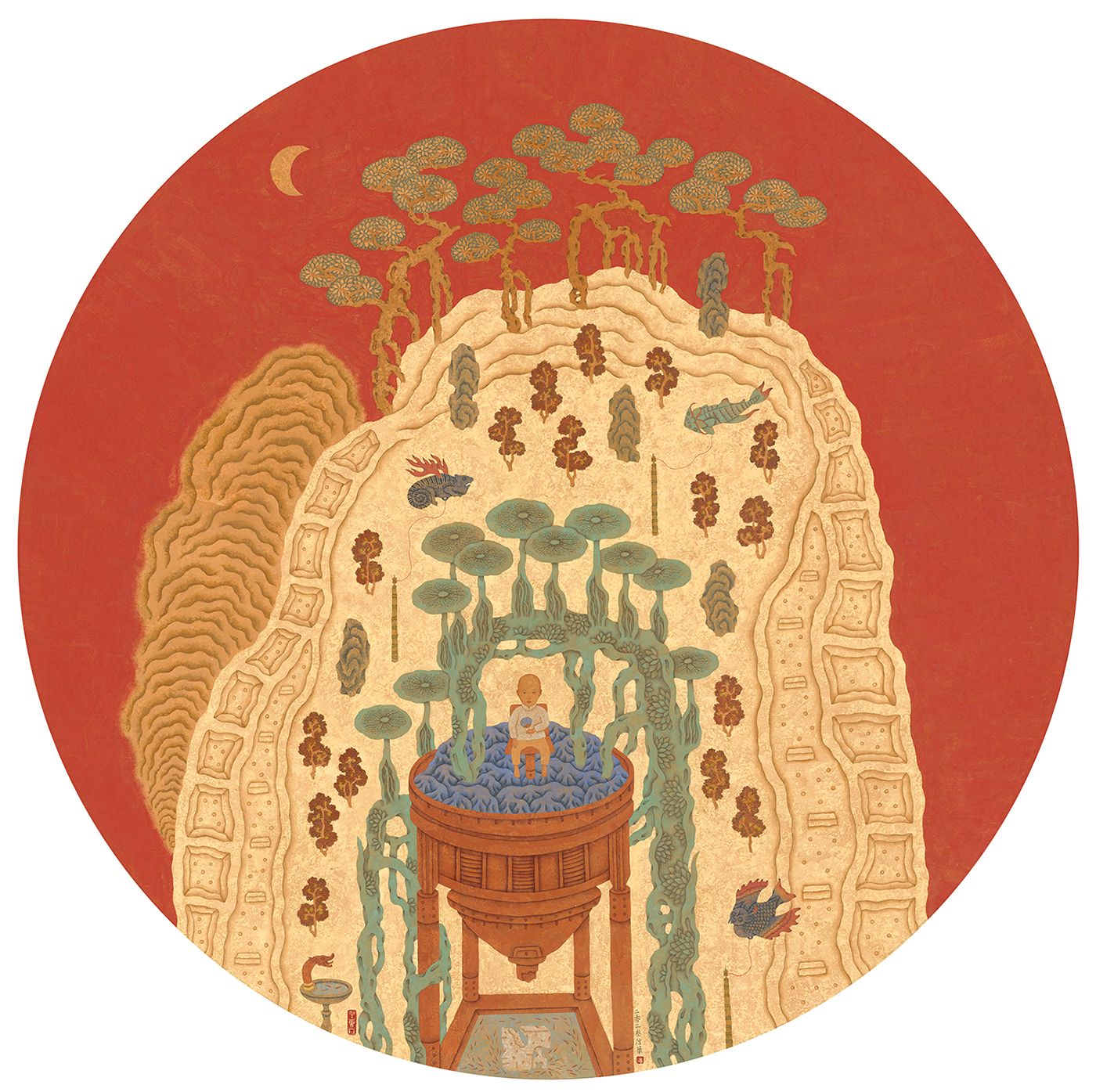 Pan Hsin-Hua / Moonlit Night(Detail)/ 2023 / Ink and color on paper / Ø 140cm(Photo:courtesy of the artist and Moon Gallery)