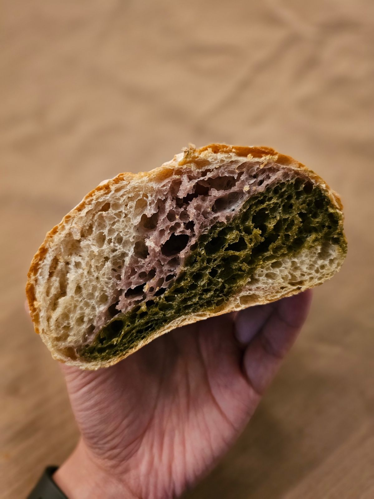 Bread Course - Tandem - "moldy" sourdough made of spinach and purple cabbage - Mikee Lopez