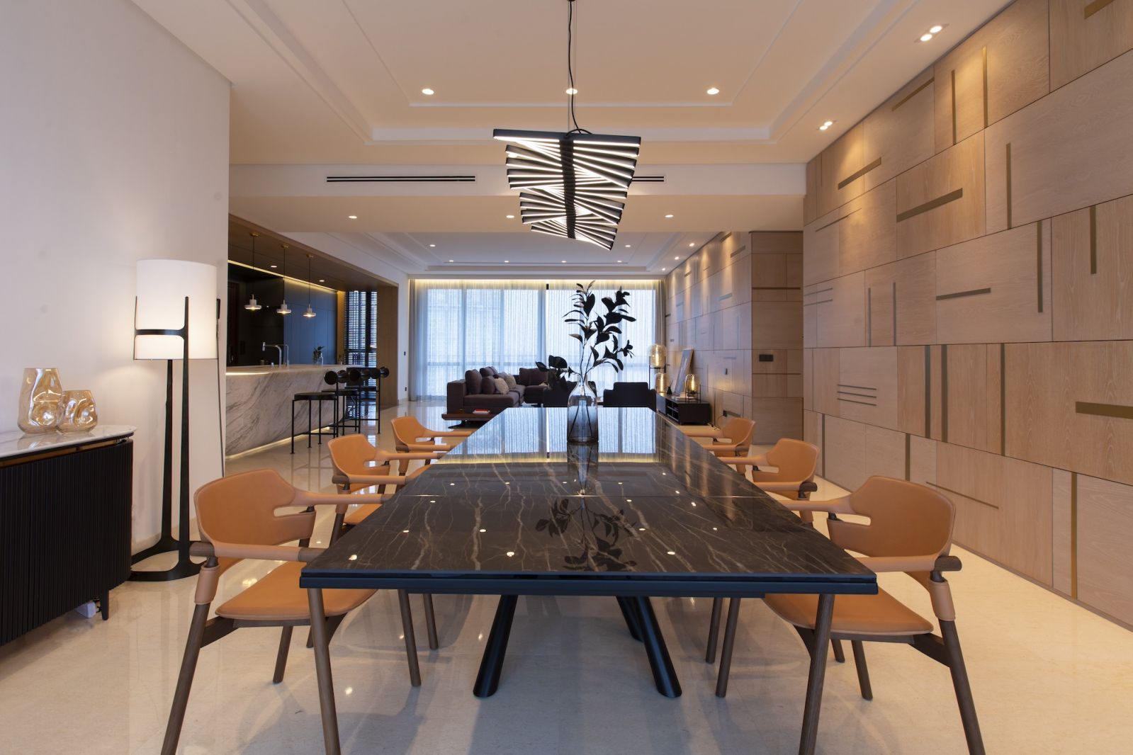 The dining room with its kinetic light above it