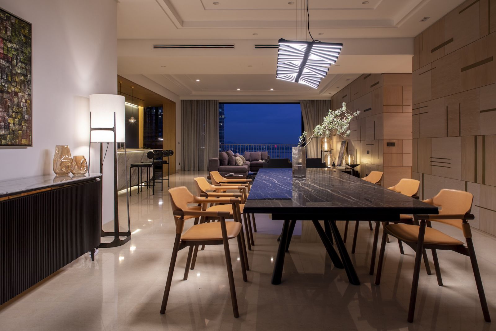The dining room with its kinetic light above it