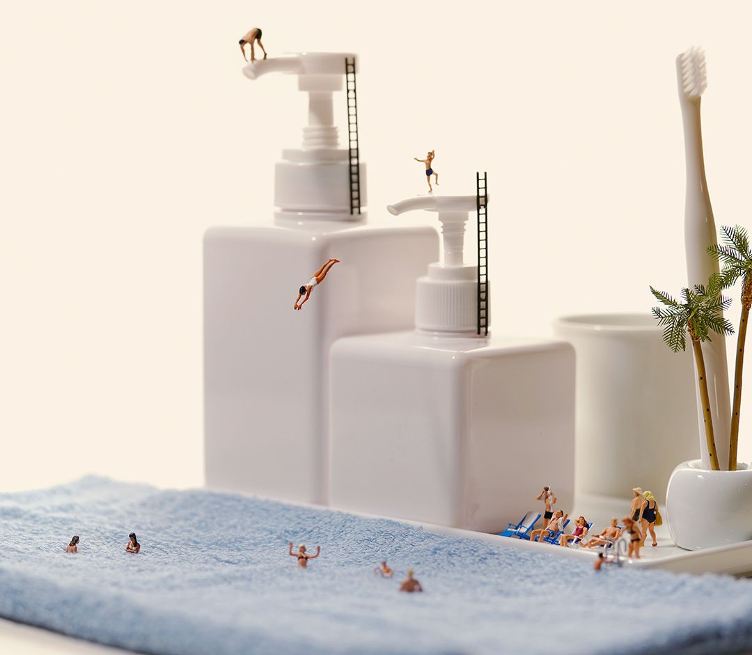 A beach scene made with bathroom accessories