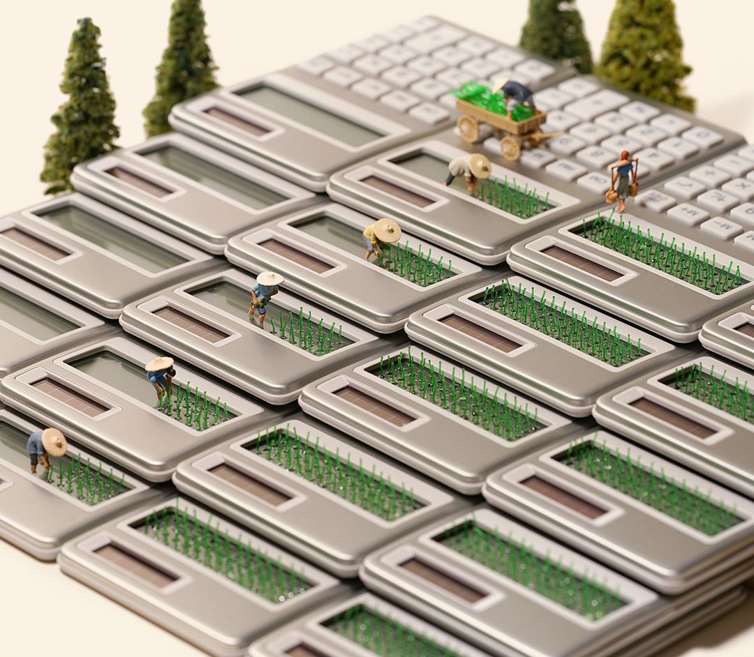 A tiered rice paddies made with digital calculators