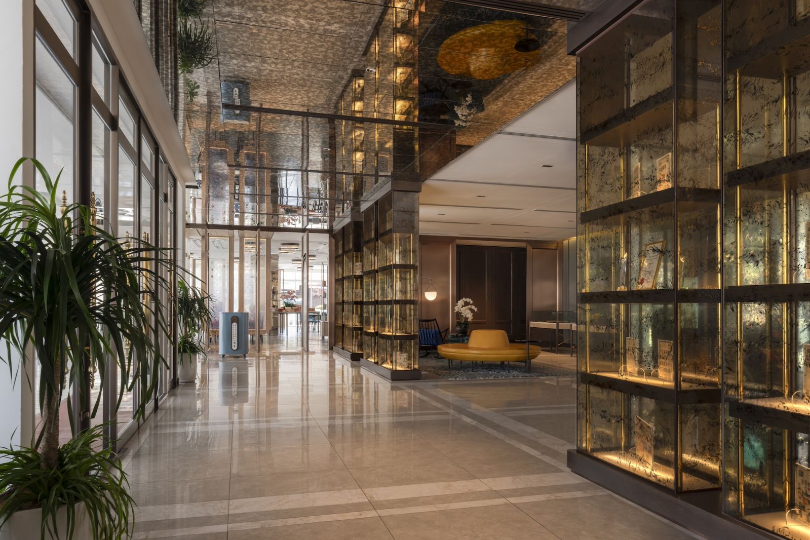 The lobby has patinated mirrors