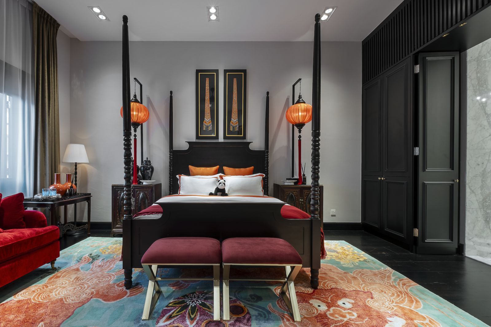 Custom-made carpets add flair to the bedrooms