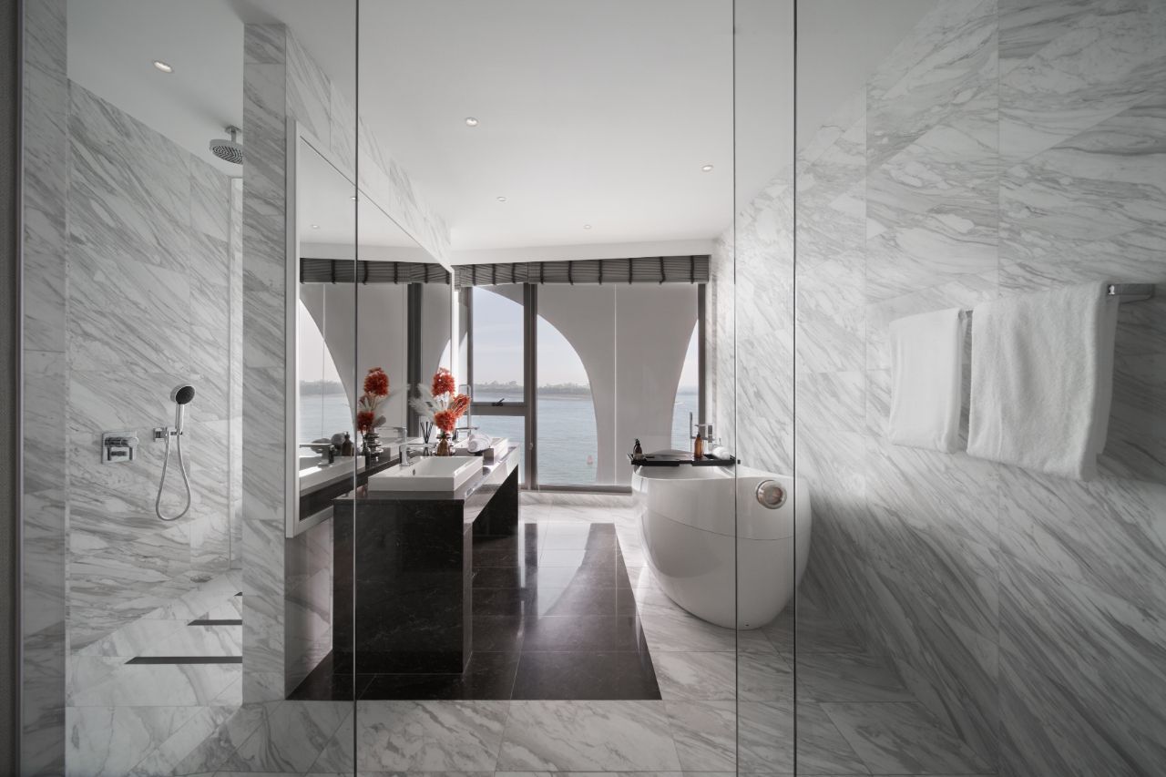 The calming and spacious master bathroom