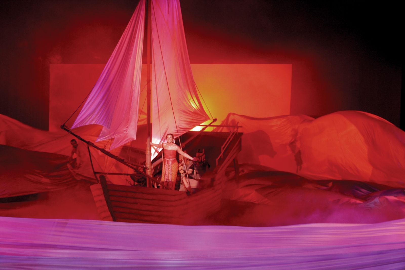 The kabuki drop where the drapes magically open to reveal the princess’s ship ‘sailing’ across stage (Photo: Raja Malek)