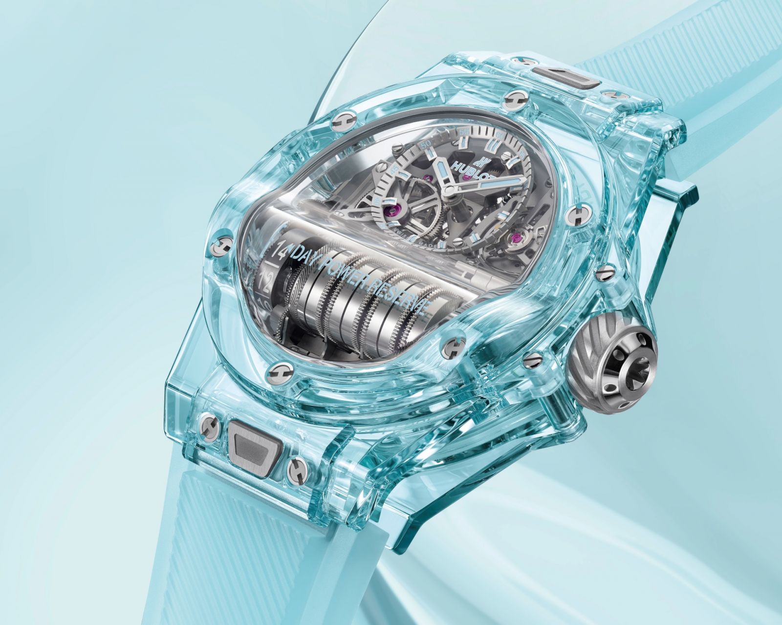 宇舶推出湖水藍藍寶石水晶玻璃錶殼的Big Bang MP-11腕錶。（Photo: Hublot）