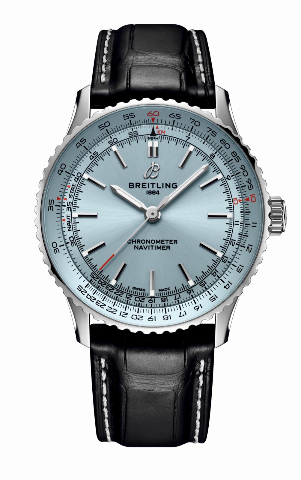 百年靈Navitimer Automatic 41航空自動腕錶，冰藍色錶盤皮帶款。（Photo: Breitling）