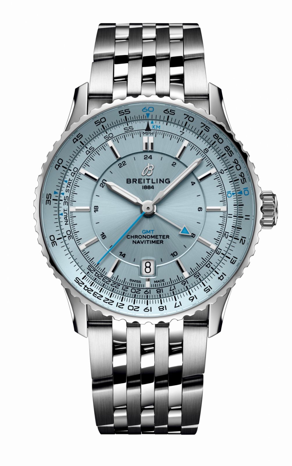 百年靈Navitimer GMT 41航空兩地時間腕錶，冰藍色錶盤鏈帶款。（Photo: Breitling）