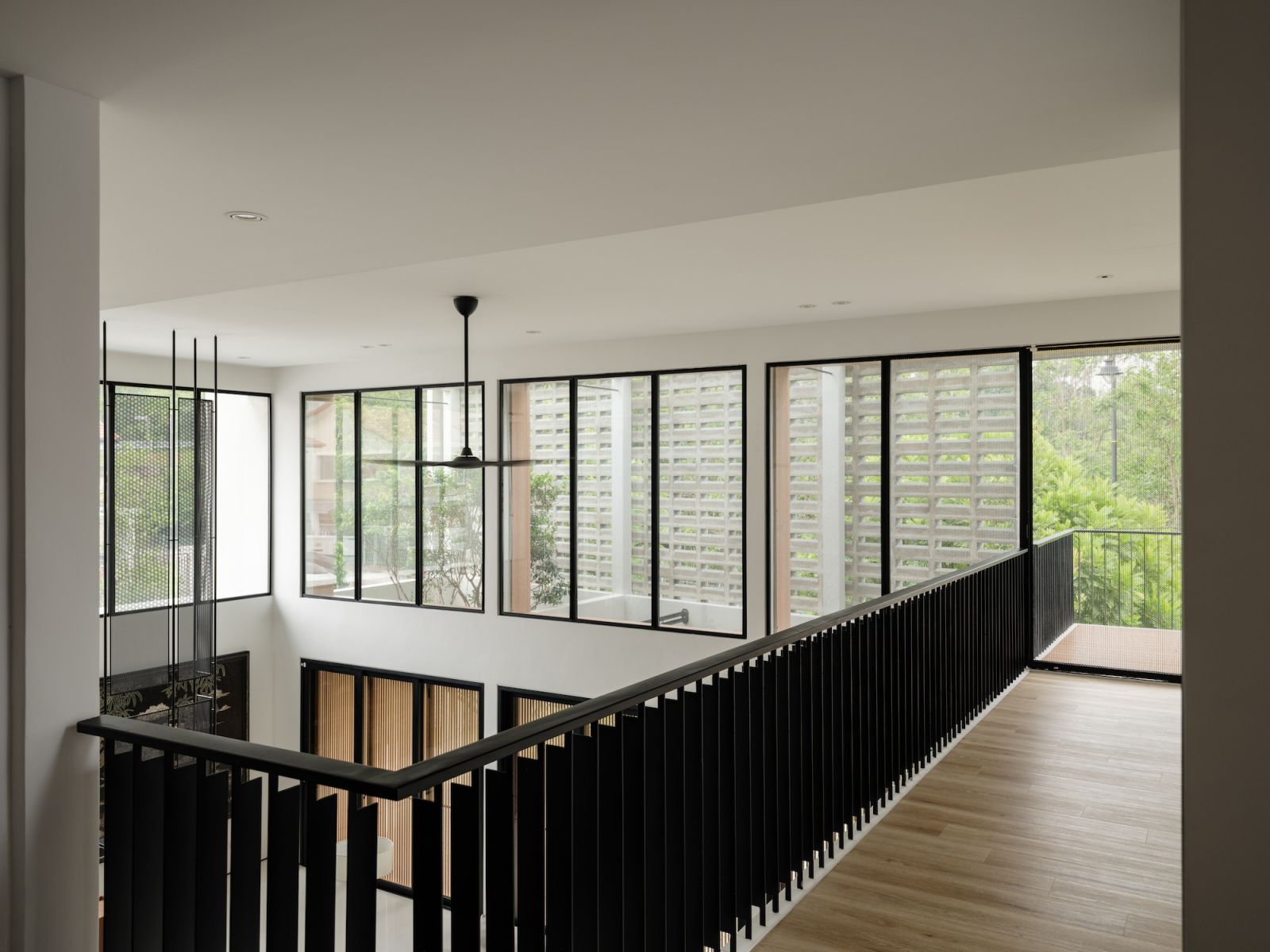 A balcony overlooks the living