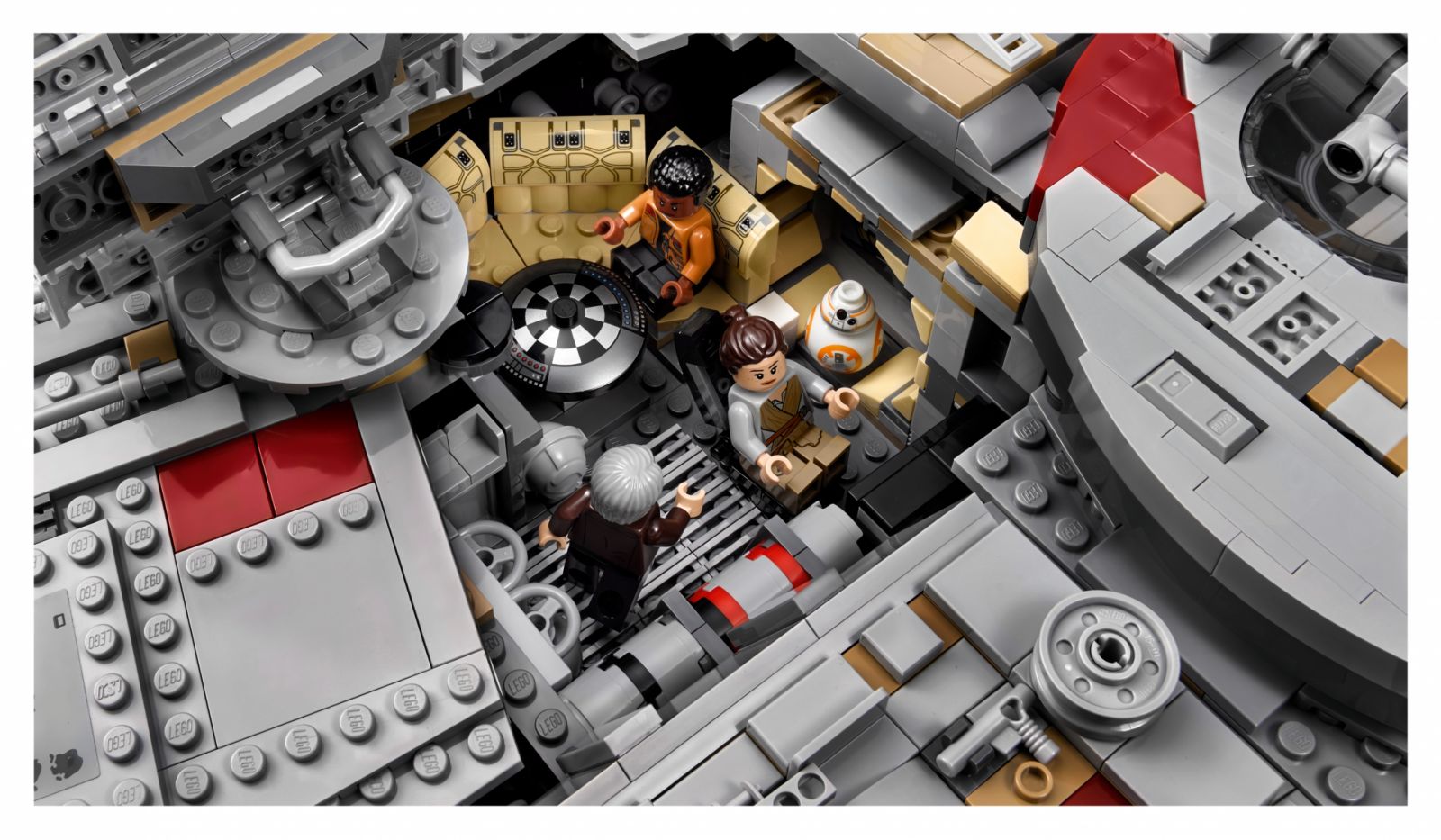 Finn, Rey, BB-8 and Older Han Solo in the seating area