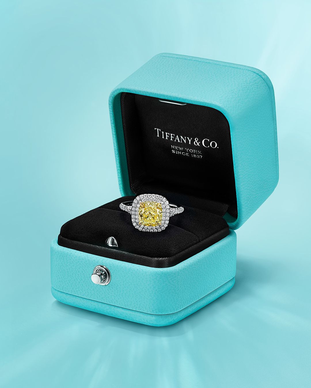 Tiffany Soleste cushion-cut yellow diamond halo engagement ring in platinum (Photo: Courtesy of Tiffany & Co)