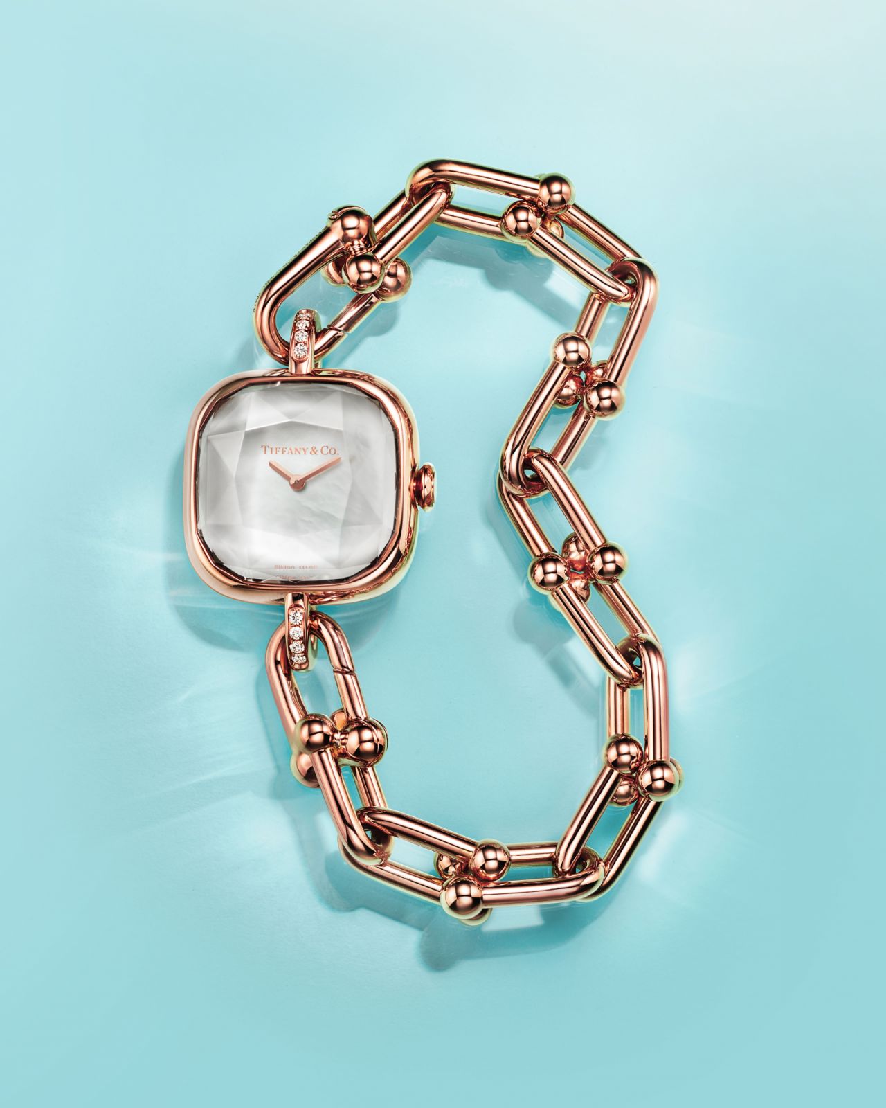 Tiffany HardWear watch in 18c rose gold with pavé diamonds and white mother-of-pearl (Photo: Courtesy of Tiffany & Co)