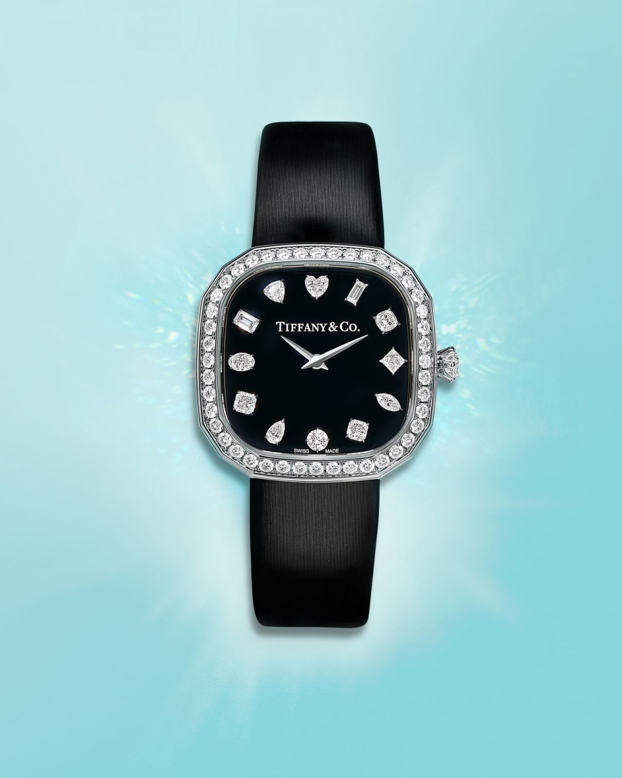 Tiffany Eternity 28 mm cushion-shaped watch in 18c white gold with diamonds (Photo: Courtesy of Tiffany & Co)
