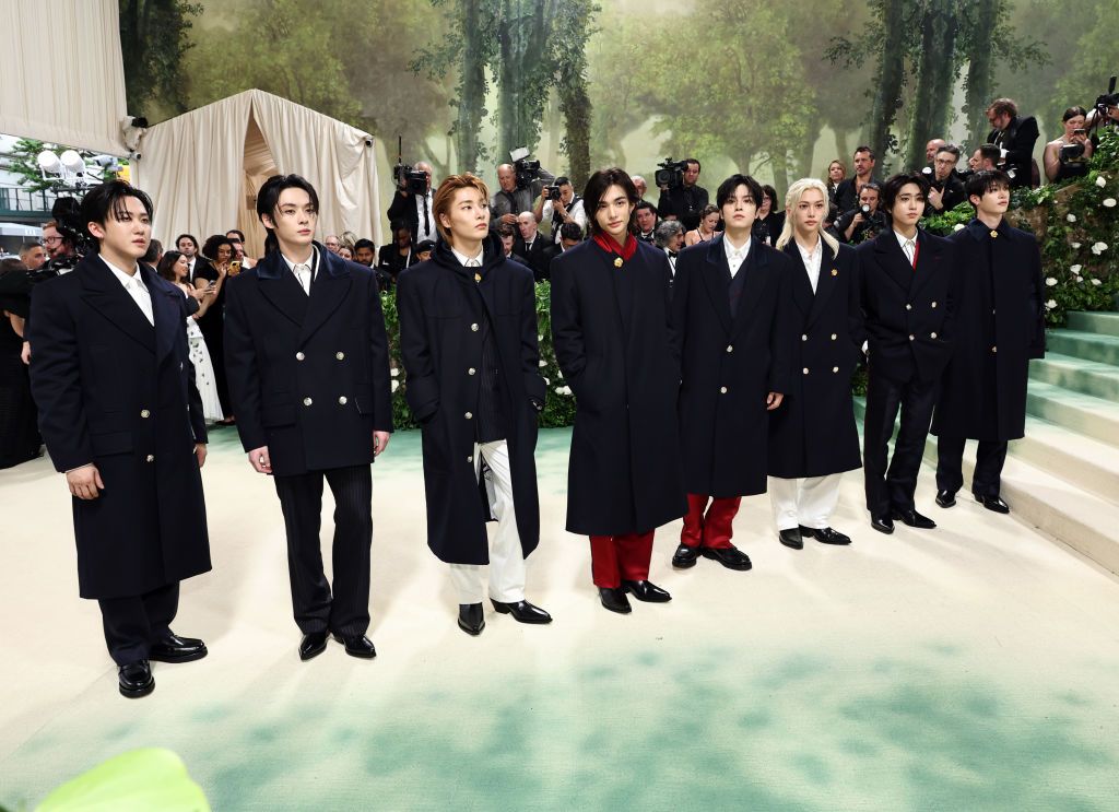 NEW YORK, NEW YORK - MAY 06: (L-R) Changbin, Lee Know, I.N, Hyunjin, Seungmin, Felix, Han and Bang Chan of Stray Kids attend The 2024 Met Gala Celebrating "Sleeping Beauties: Reawakening Fashion" at The Metropolitan Museum of Art on May 06, 2024 in New York City. (Photo by Jamie McCarthy/Getty Images)