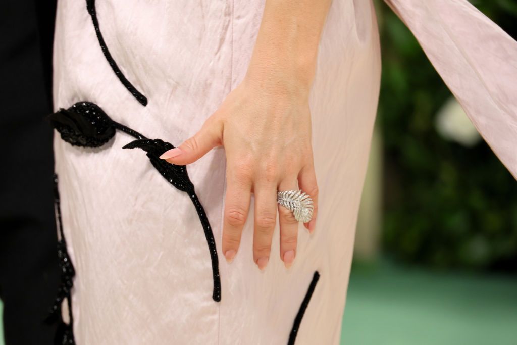 NEW YORK, NEW YORK - MAY 06: Lily James, fashion detail, attends The 2024 Met Gala Celebrating "Sleeping Beauties: Reawakening Fashion" at The Metropolitan Museum of Art on May 06, 2024 in New York City. (Photo by Dia Dipasupil/Getty Images)