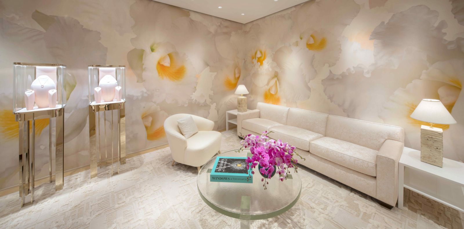 The private salon with a soft orchid mural by photographer Jason Schmidt (Photo: Tiffany & Co.)