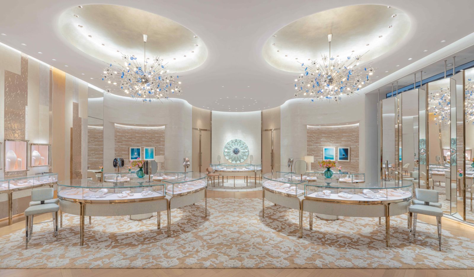 Hand-cut sapphire blue crystal chandeliers hang overhead (Photo: Tiffany & Co.)