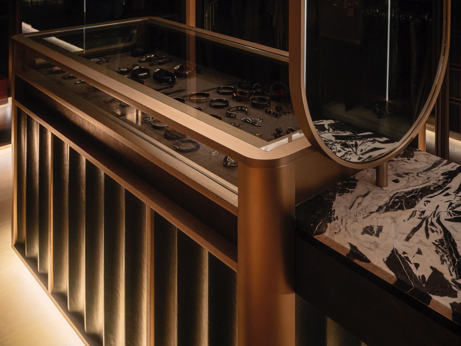 A close-up of the island’s lavish material mix and intricate construction