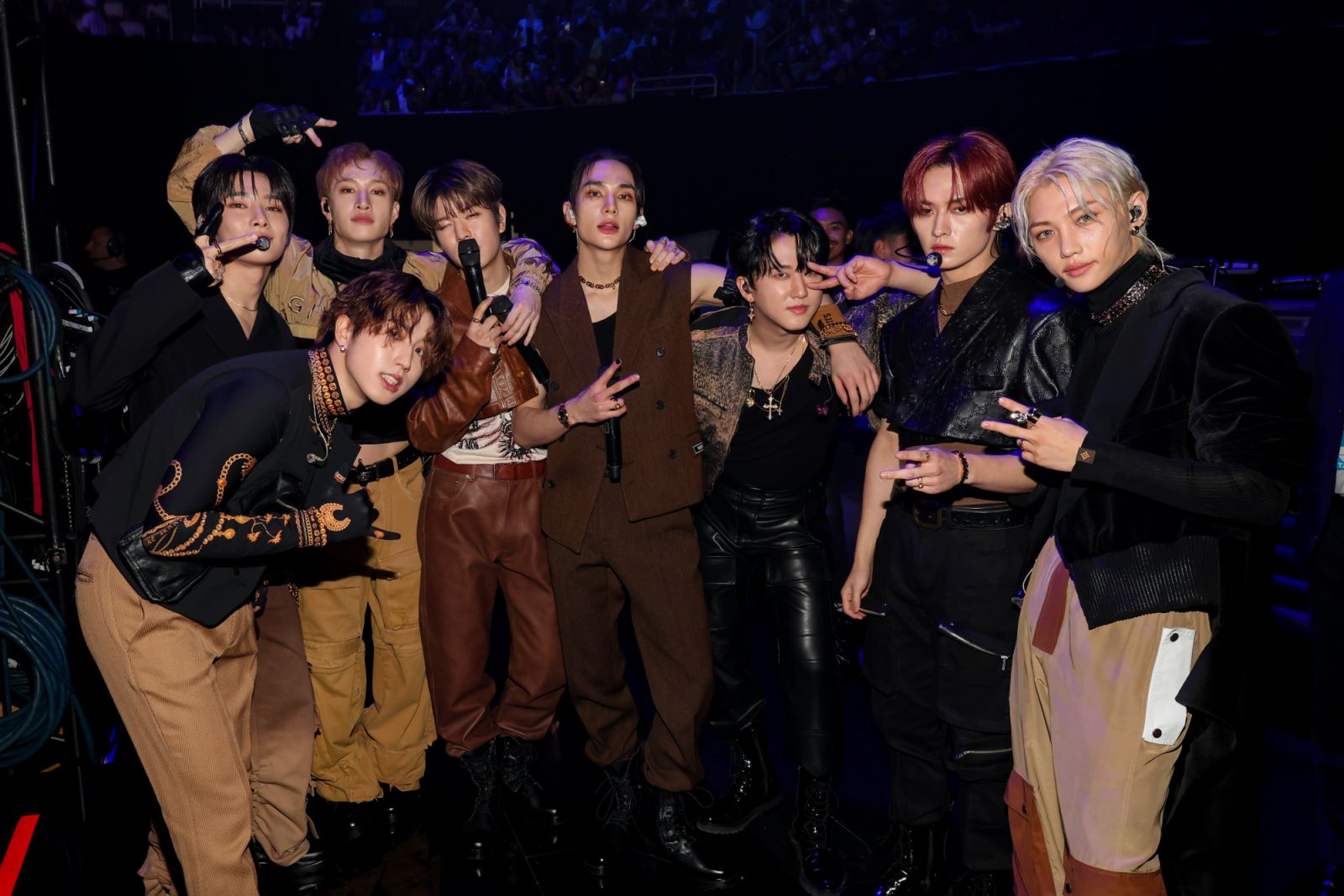 Changbin, Lee Know, Han, Felix, Bang Chan, Seungmin, I.N. and Hyunjin of Stray Kids at the 2023 MTV Video Music Awards held at Prudential Center on September 12, 2023 in Newark, New Jersey. (Photo by Christopher Polk/Variety via Getty Images)