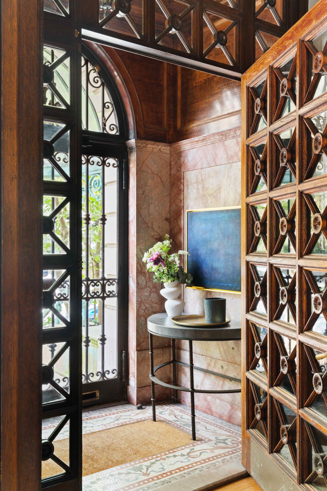 Entrance into the mansion-scaled limestone property built in 1898