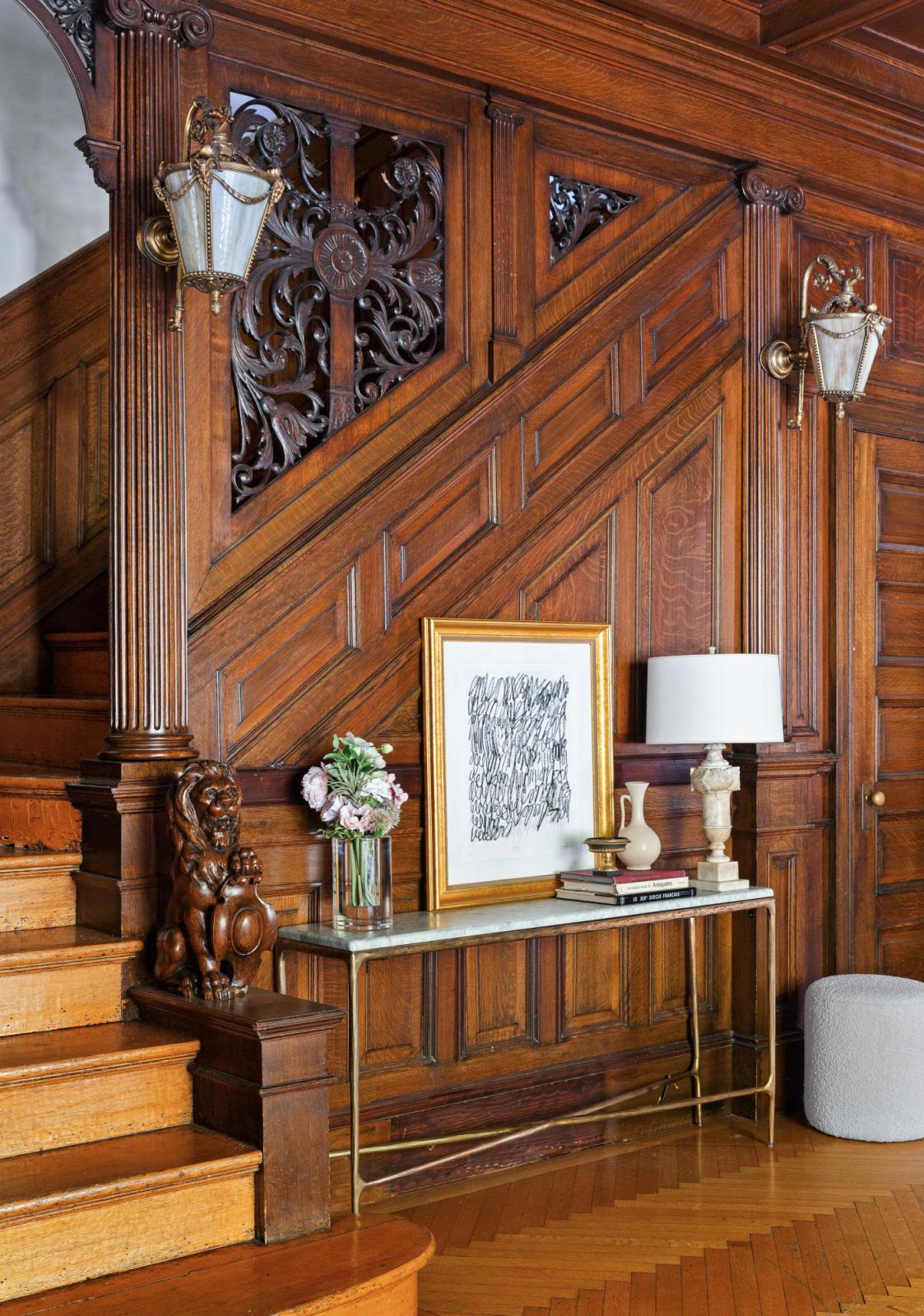 The dark wood panelling in many rooms can be overwhelming for some