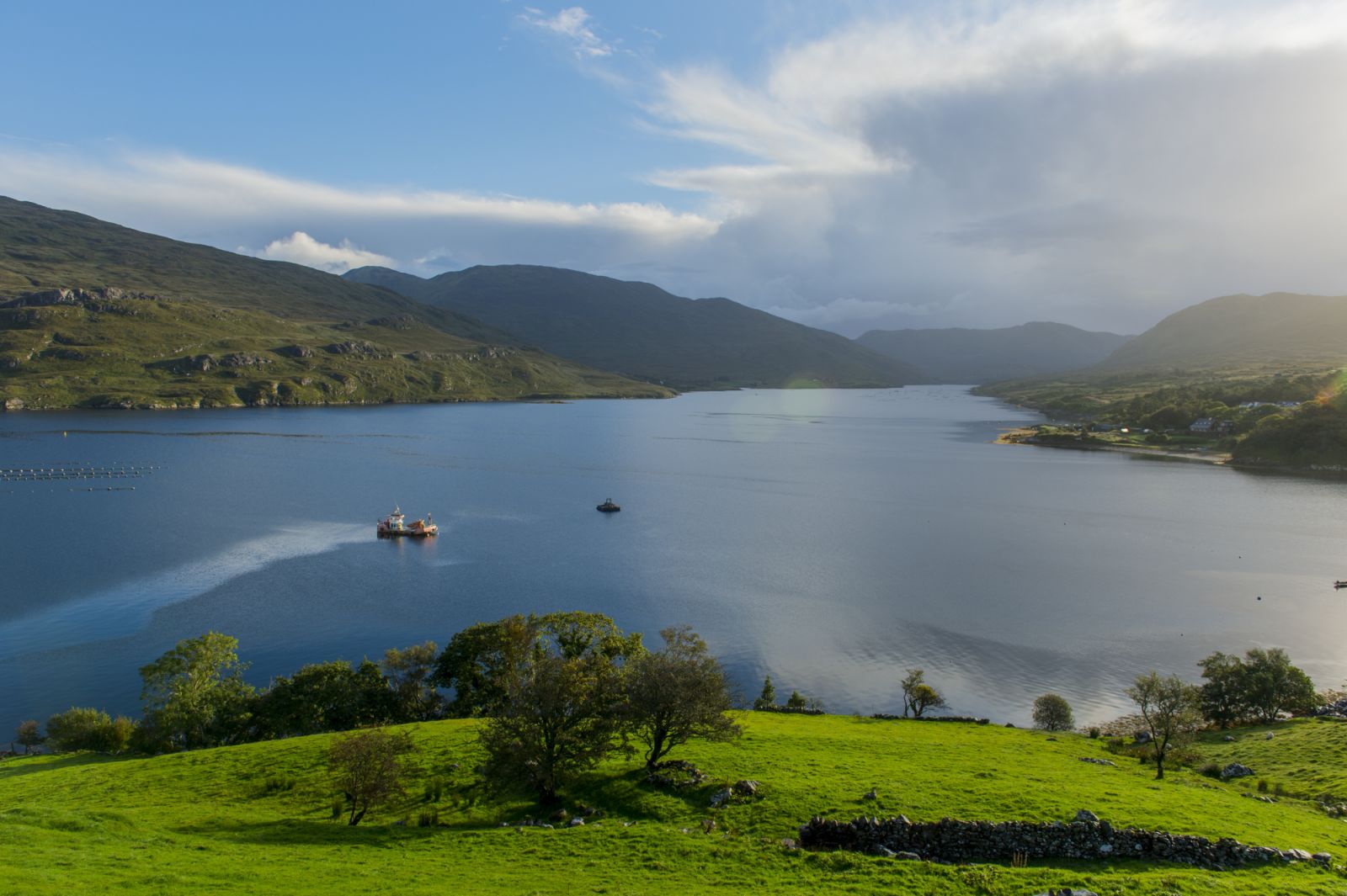 IRELAND - 2017/06/30: View of the Killary Fjord with mussel farms from the Killary Sheep Farm in Connemara, County Galway, Ireland. (Photo by Wolfgang Kaehler/LightRocket via Getty Images)