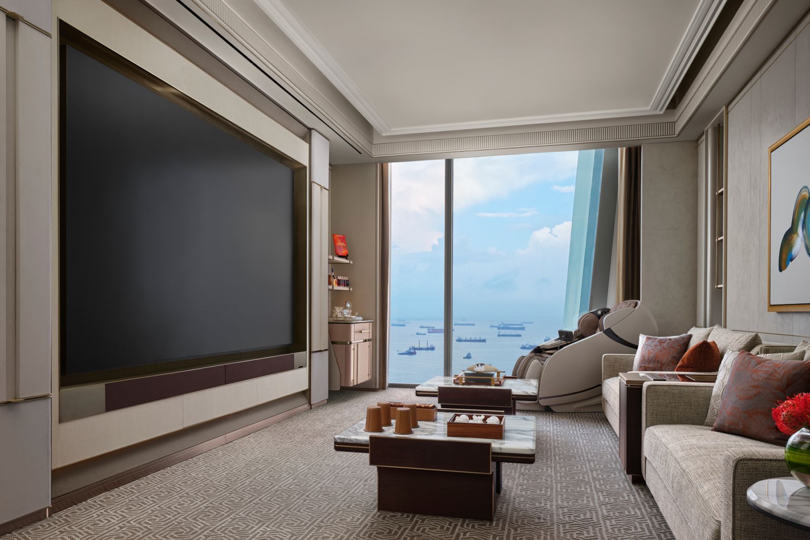 Chairman Suite - Entertainment room features a 146-inch Samsung 'The Wall All-in-One' with karaoke facilities and massage chair