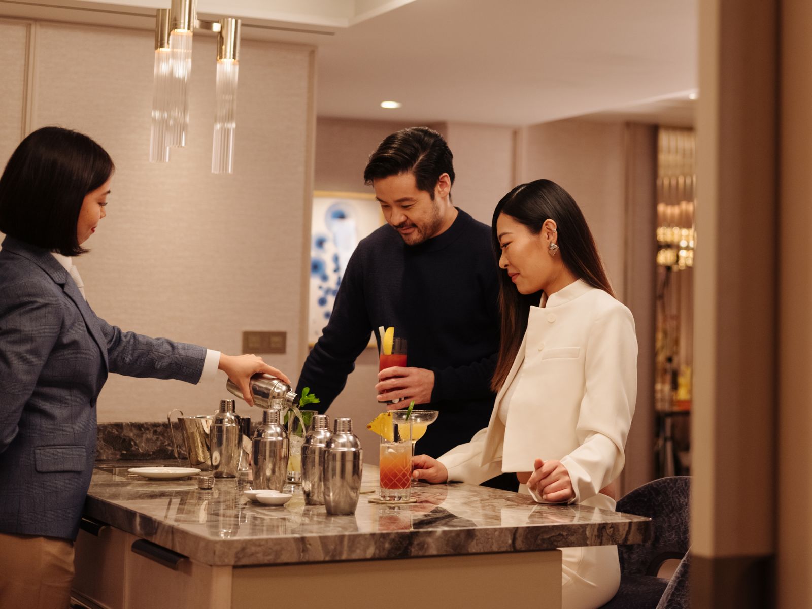 The butler team anticipates all needs and concocts bespoke cocktails at the Social Bar